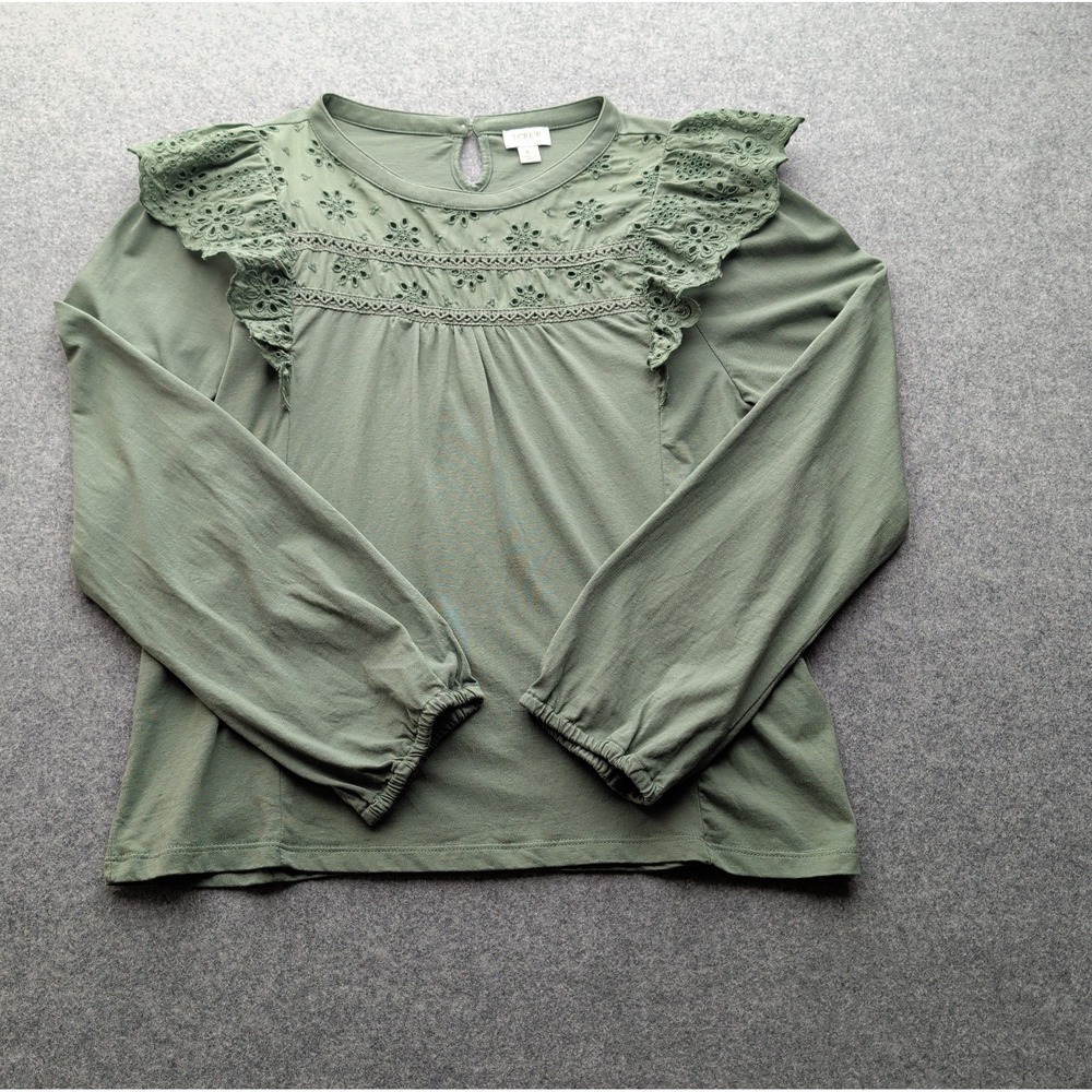 J. Crew Women's Long Sleeve Eyelet Cut Blouse Army Green Ruffle Size Large